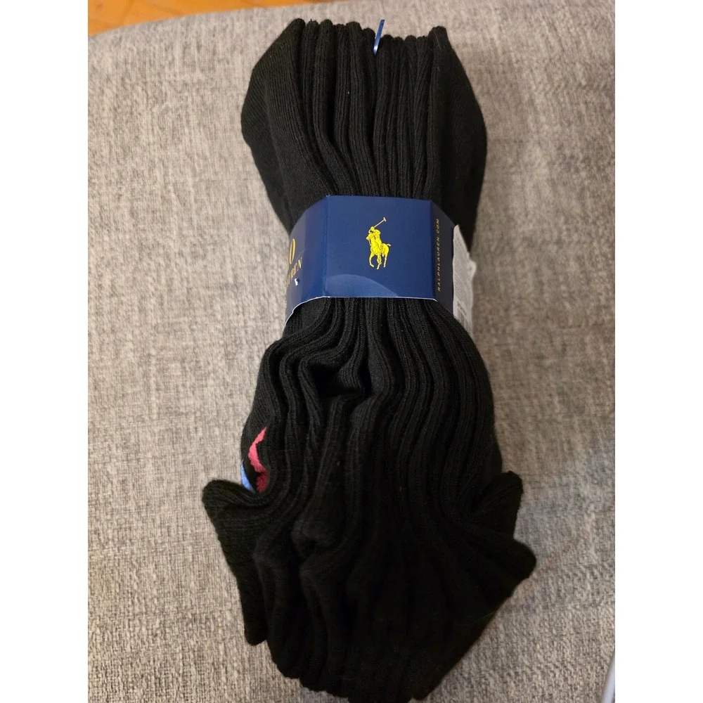 Polo Ralph Lauren 6 Pair Black Ankle Socks Multi Color Logo Size 9-11 NEW